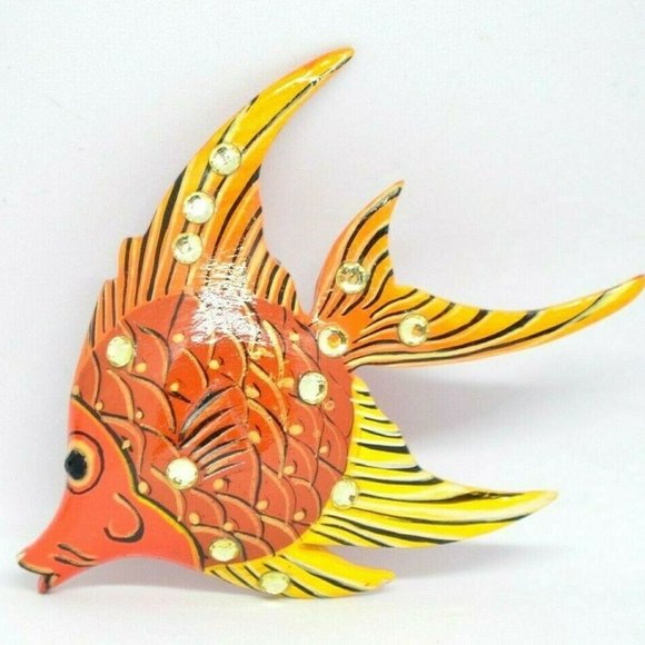Collectif Jewelry - COLLECTIF Fish Orange Yellow Wooden Rhinestone Pin